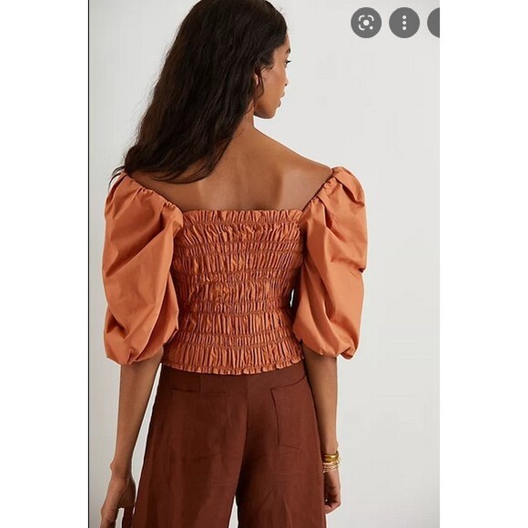 Orange Anthropologie Smocked Bodice Puff Sleeve Crop Top Blouse (NWT) - Picture 2 of 3